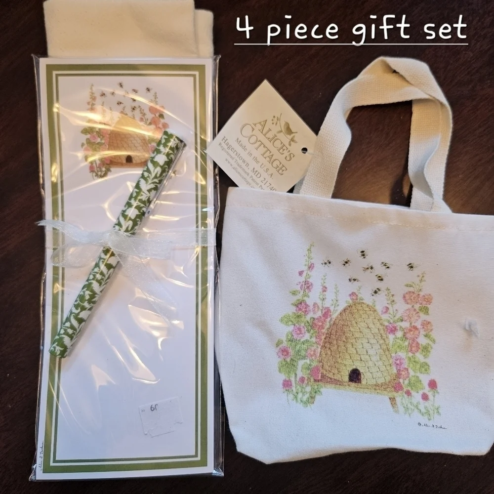 Alice's Cottage 4 Piece Gift Set Towel, Note Pad, Pen, & Canvas Bag NWT Bee Skep